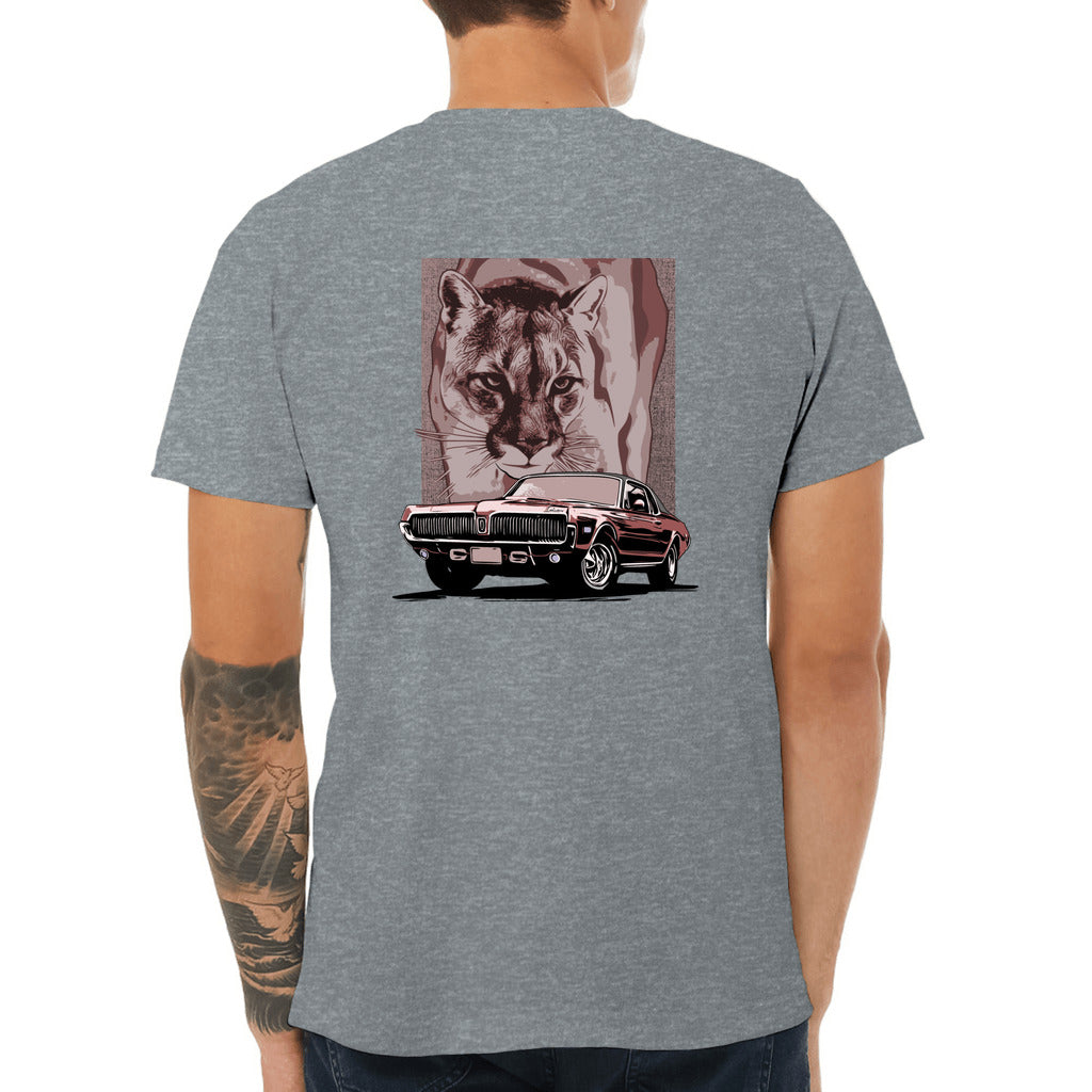 68 Cougar Unisex Jersey Tee, featuring 1968 Mercury Cougar with cougar cat backdrop, red theme, design on back