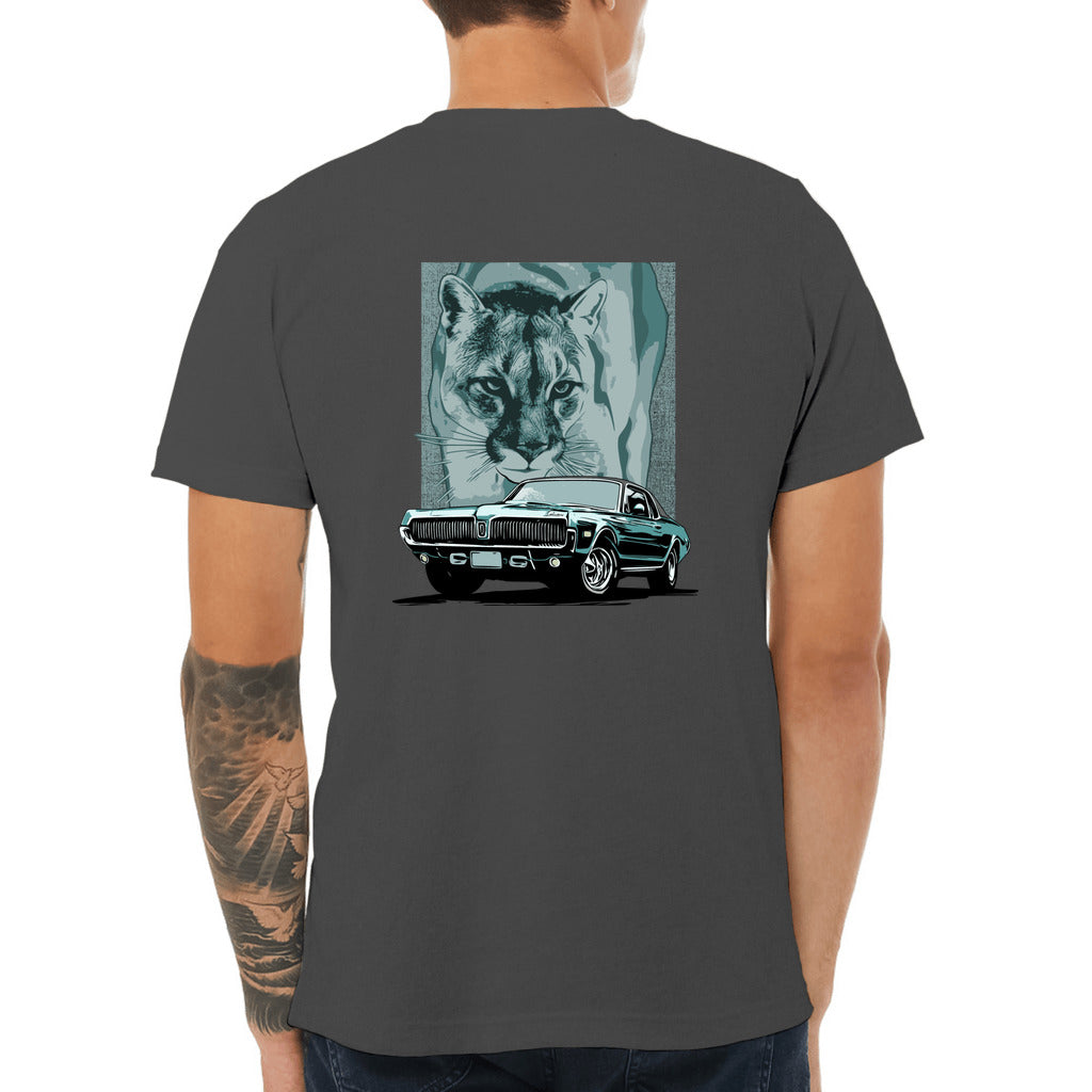 68 Cougar Unisex Jersey Tee, featuring 1968 Mercury Cougar with cougar cat backdrop, blue/green theme, design on back