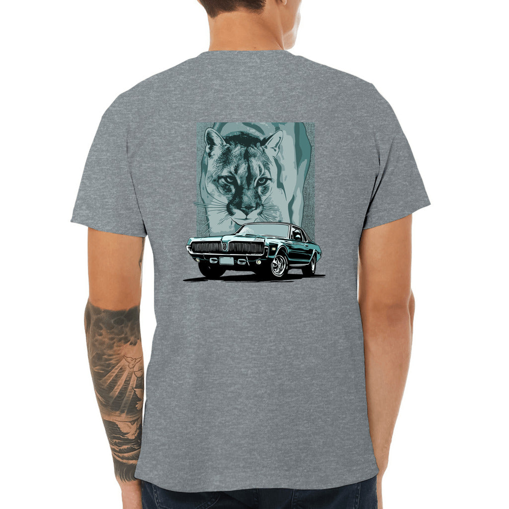 68 Cougar Unisex Jersey Tee, featuring 1968 Mercury Cougar with cougar cat backdrop, blue/green theme, design on back