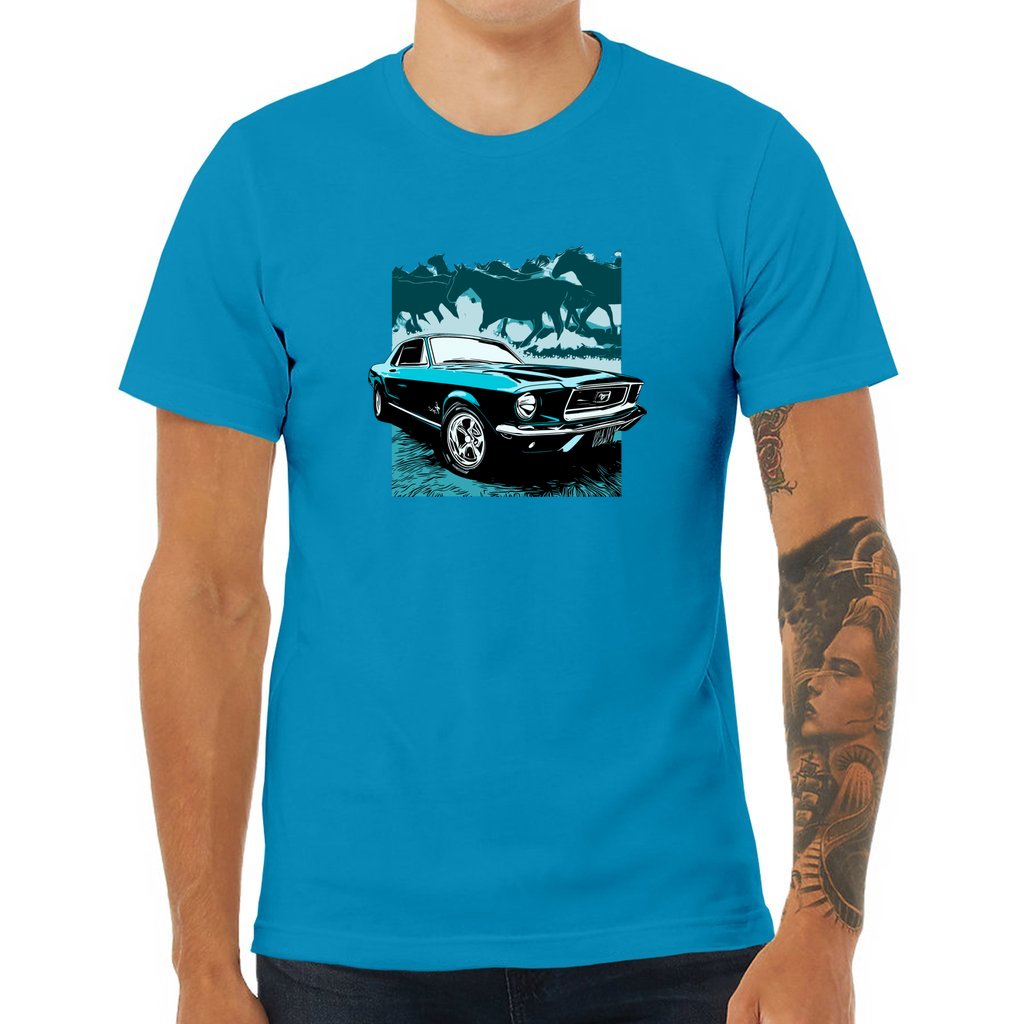 68 Mustang Unisex Jersey Tee, Blue 1968 Ford Mustang with Horses