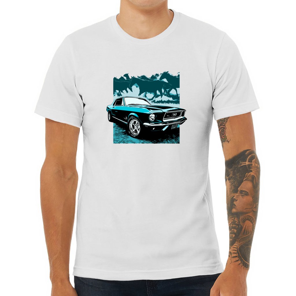 68 Mustang Unisex Jersey Tee, Blue 1968 Ford Mustang with Horses