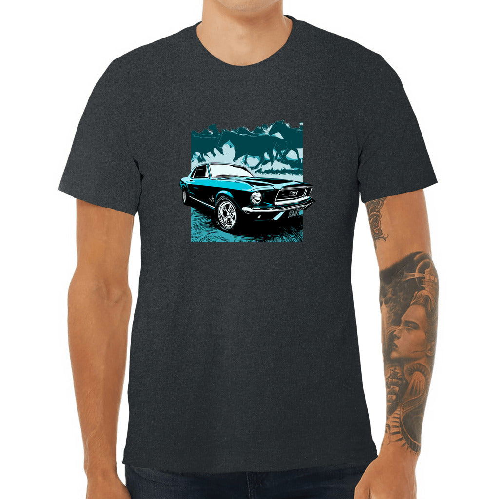 front_2568 Mustang Unisex Jersey Tee, Blue 1968 Ford Mustang with Horses