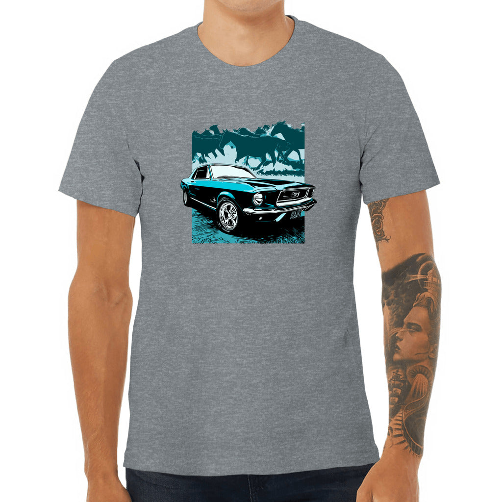 68 Mustang Unisex Jersey Tee, Blue 1968 Ford Mustang with Horses