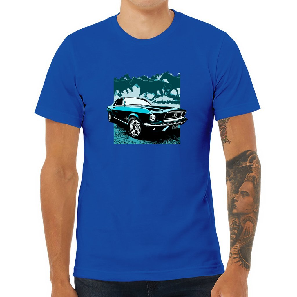 68 Mustang Unisex Jersey Tee, Blue 1968 Ford Mustang with Horses