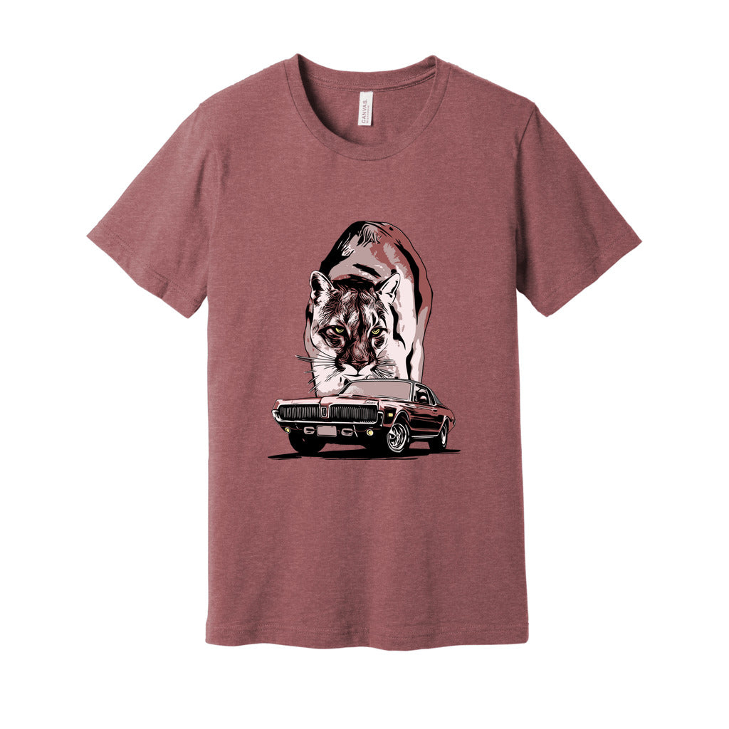 68 Cougar Unisex Jersey Tee, featuring 1968 Mercury Cougar with cougar cat backdrop, Red theme.