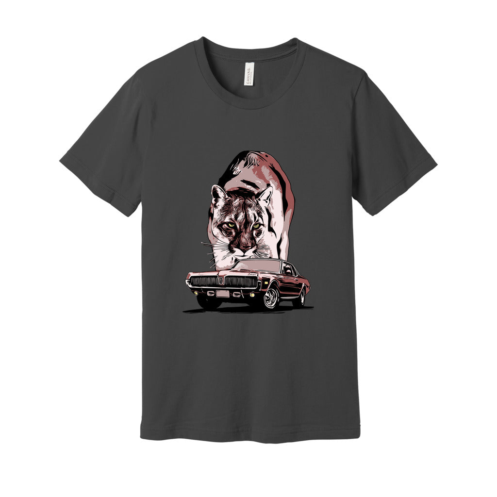 68 Cougar Unisex Jersey Tee, featuring 1968 Mercury Cougar with cougar cat backdrop, Red theme.