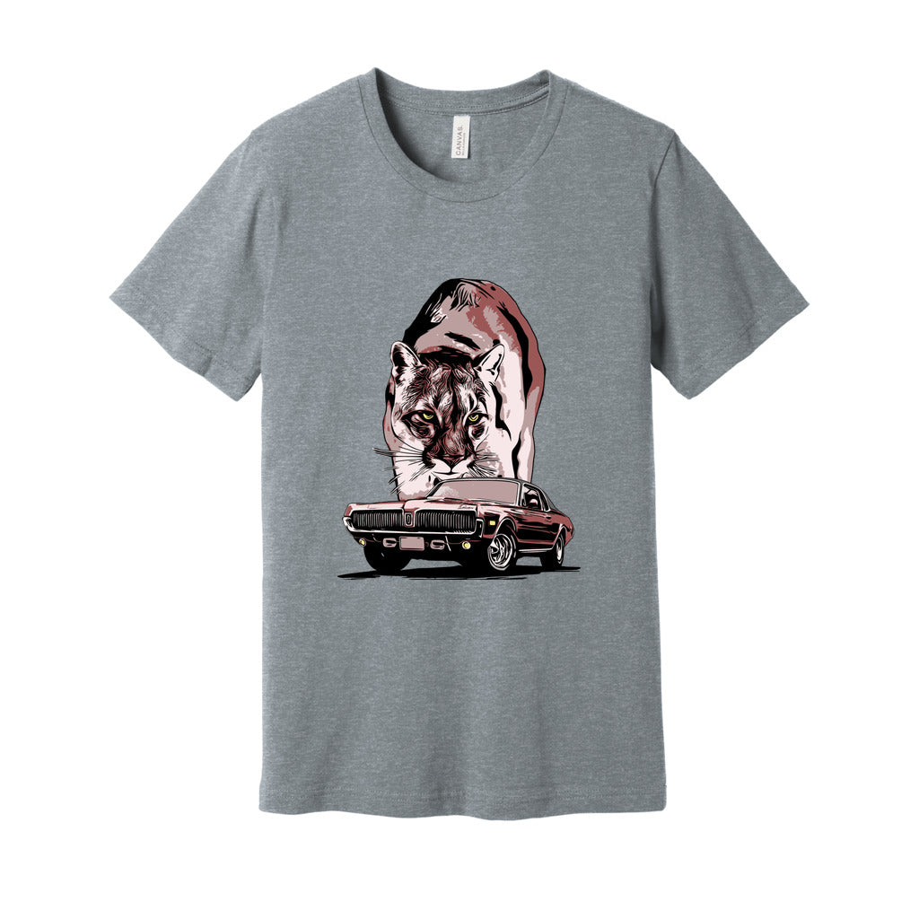 68 Cougar Unisex Jersey Tee, featuring 1968 Mercury Cougar with cougar cat backdrop, Red theme.