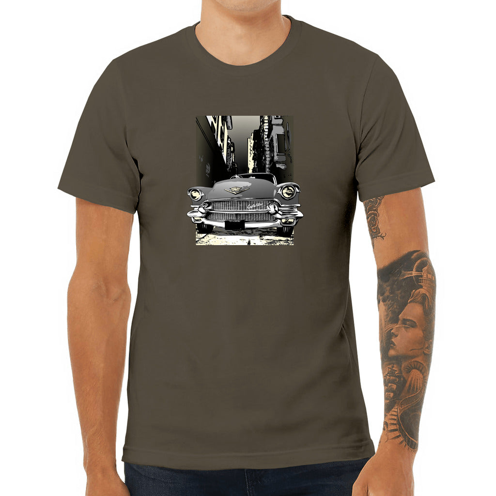 56 Cadillac Unisex Jersey Tee, 1956 Caddy on city street