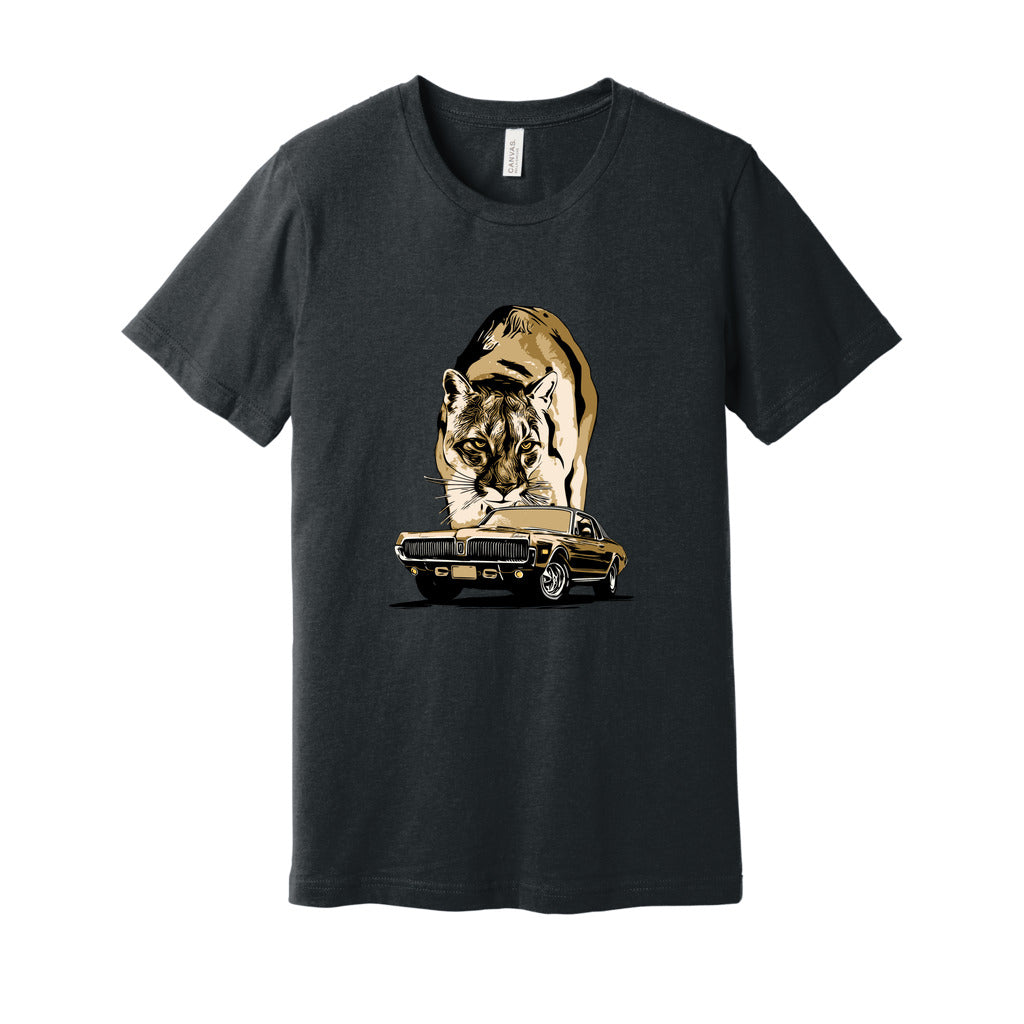 68 Cougar Unisex Jersey Tee, featuring 1968 Mercury Cougar with cougar cat backdrop, gold theme.