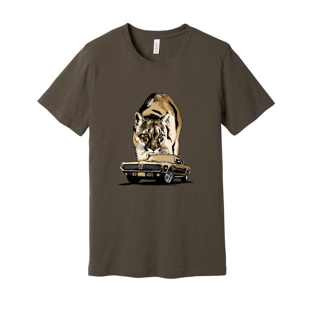 68 Cougar Unisex Jersey Tee, featuring 1968 Mercury Cougar with cougar cat backdrop, gold theme.