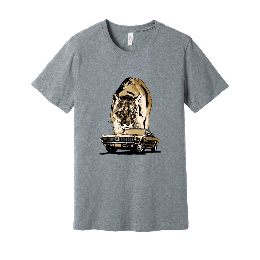 68 Cougar Unisex Jersey Tee, featuring 1968 Mercury Cougar with cougar cat backdrop, gold theme.