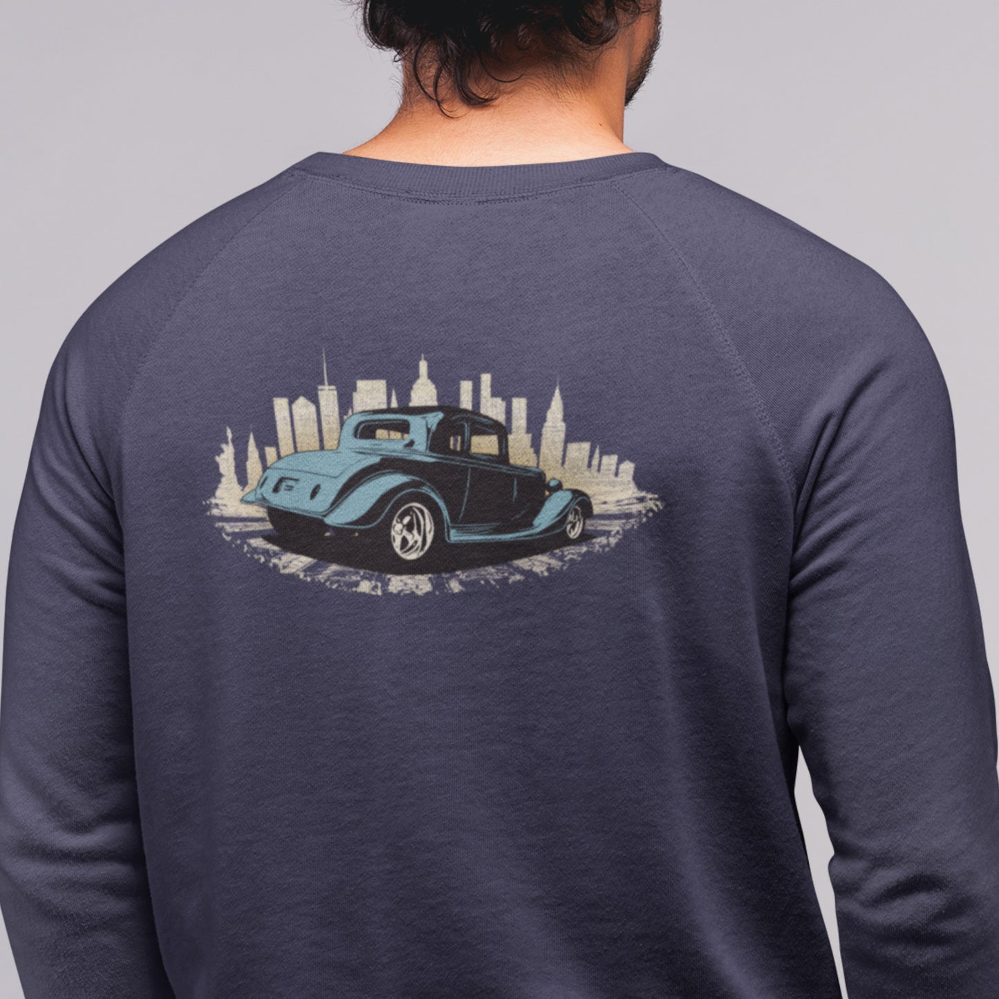 30's Hot Rod with City Backdrop Unisex Heavy Blend Crewneck Sweatshirt, design on back