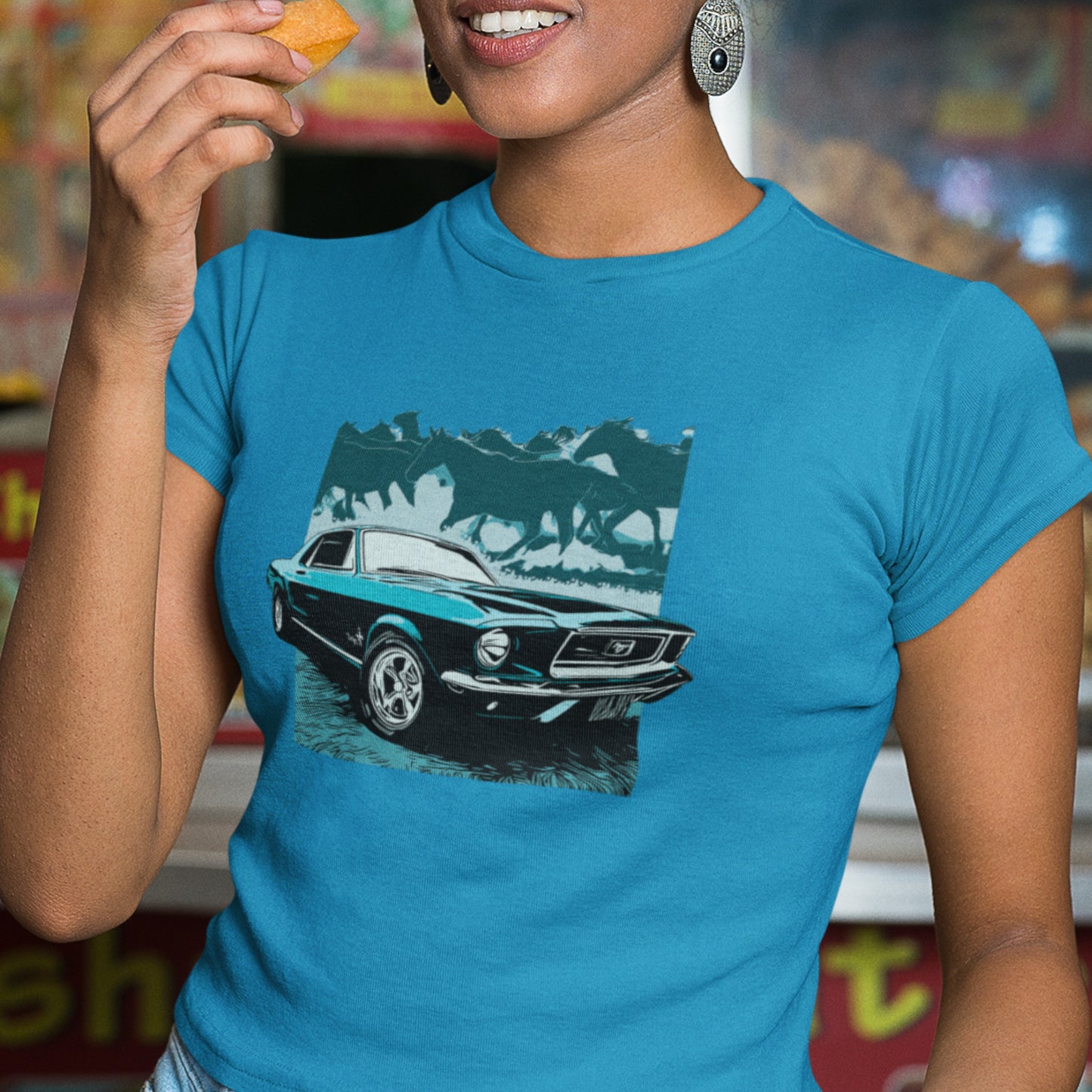 68 Mustang Unisex Jersey Tee, Blue 1968 Ford Mustang with Horses