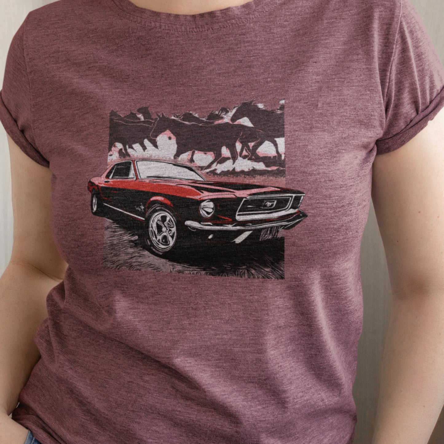 68 Mustang Unisex Jersey Tee, Red 1968 Ford Mustang with Horses