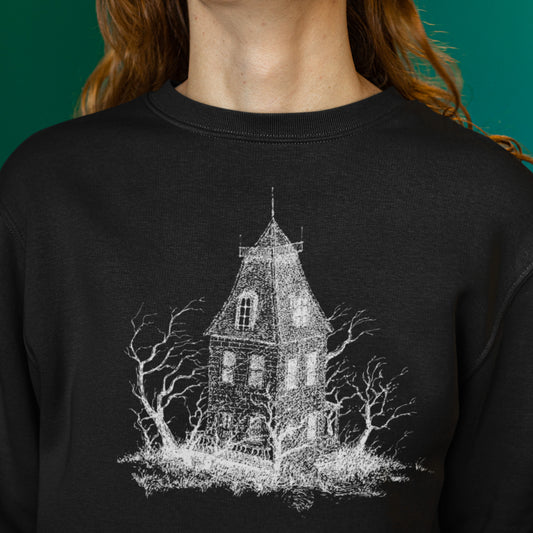 Creepy Haunted House Unisex Heavy Blend Crewneck Sweatshirt, dark sweatshirt version, Scary Halloween themed sweatshirt