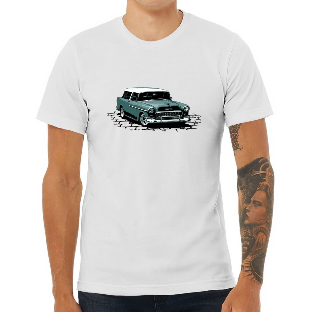 55 Chevy Nomad Unisex Jersey Tee, 1955 Chevrolet Bel Air Nomad hot rod teal version zoeysgarage.net