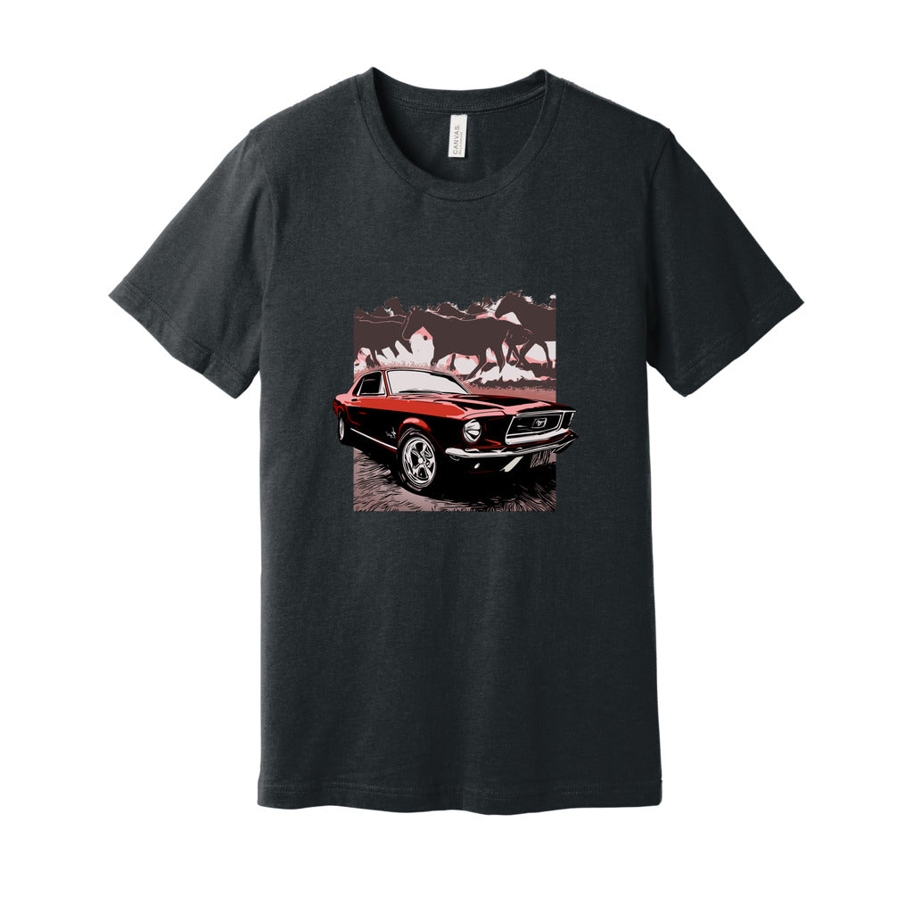 68 Mustang Unisex Jersey Tee, Red 1968 Ford Mustang with Horses