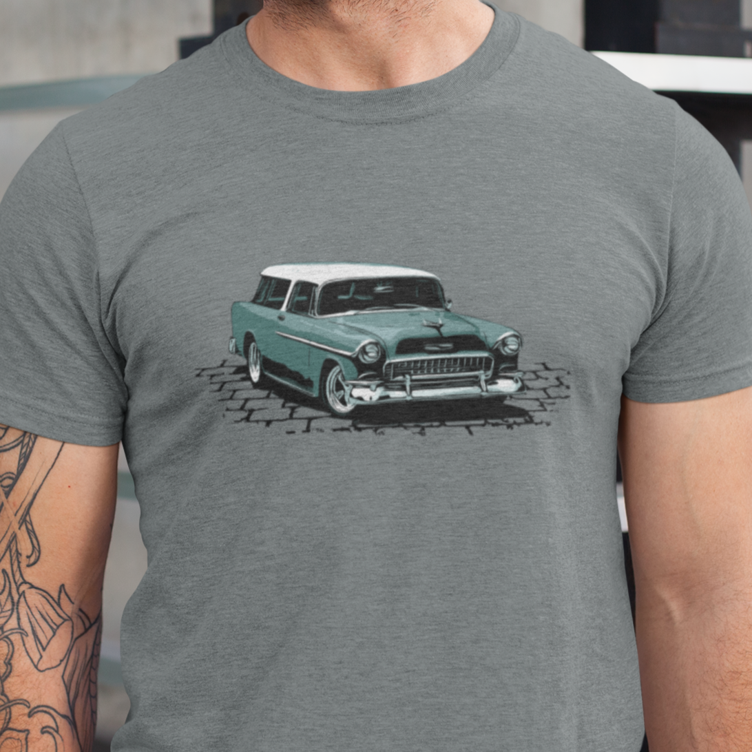 55 Chevy Nomad Unisex Jersey Tee, 1955 Chevrolet Bel Air Nomad hot rod teal version zoeysgarage.net