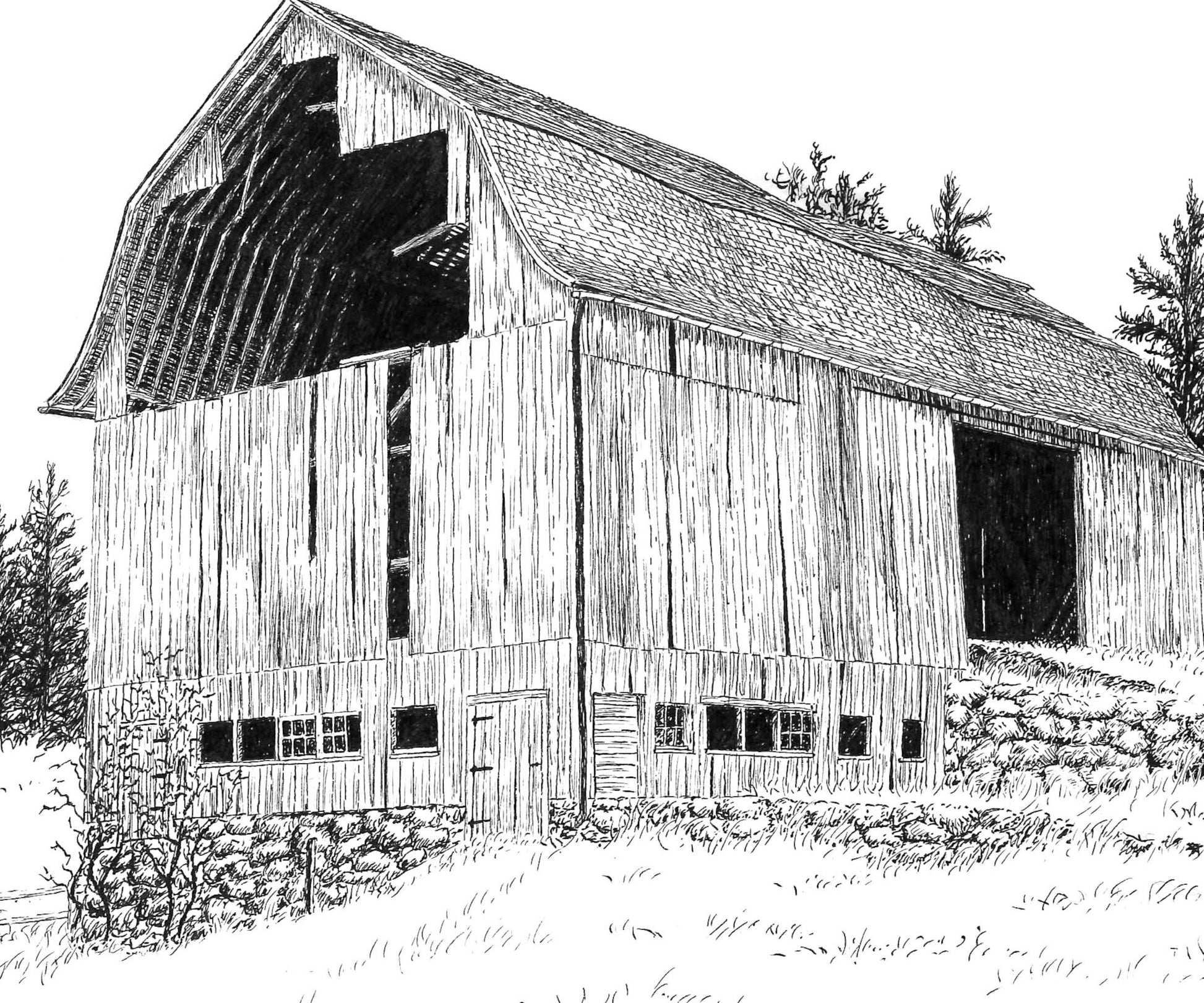 Rustic Old Barn Pen and Ink Drawing Wall Art, 8" x 12" Unframed, Original hand drawn artwork