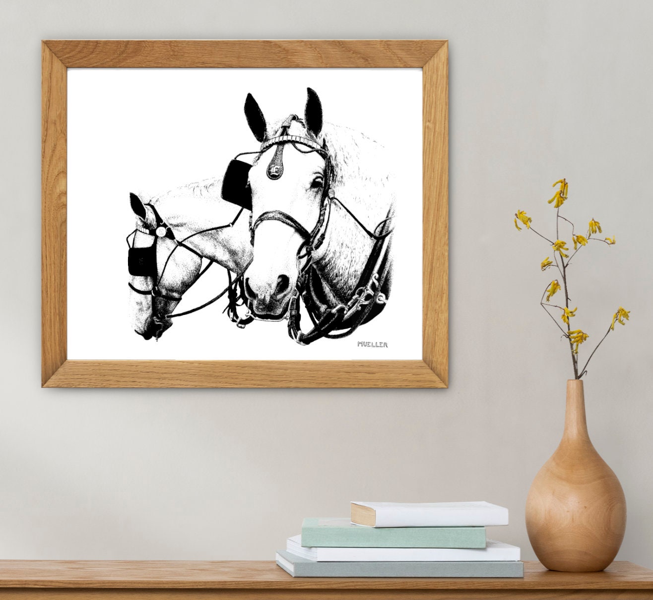 Two Horses Pen and Ink art print, Handmade drawing, Unframed