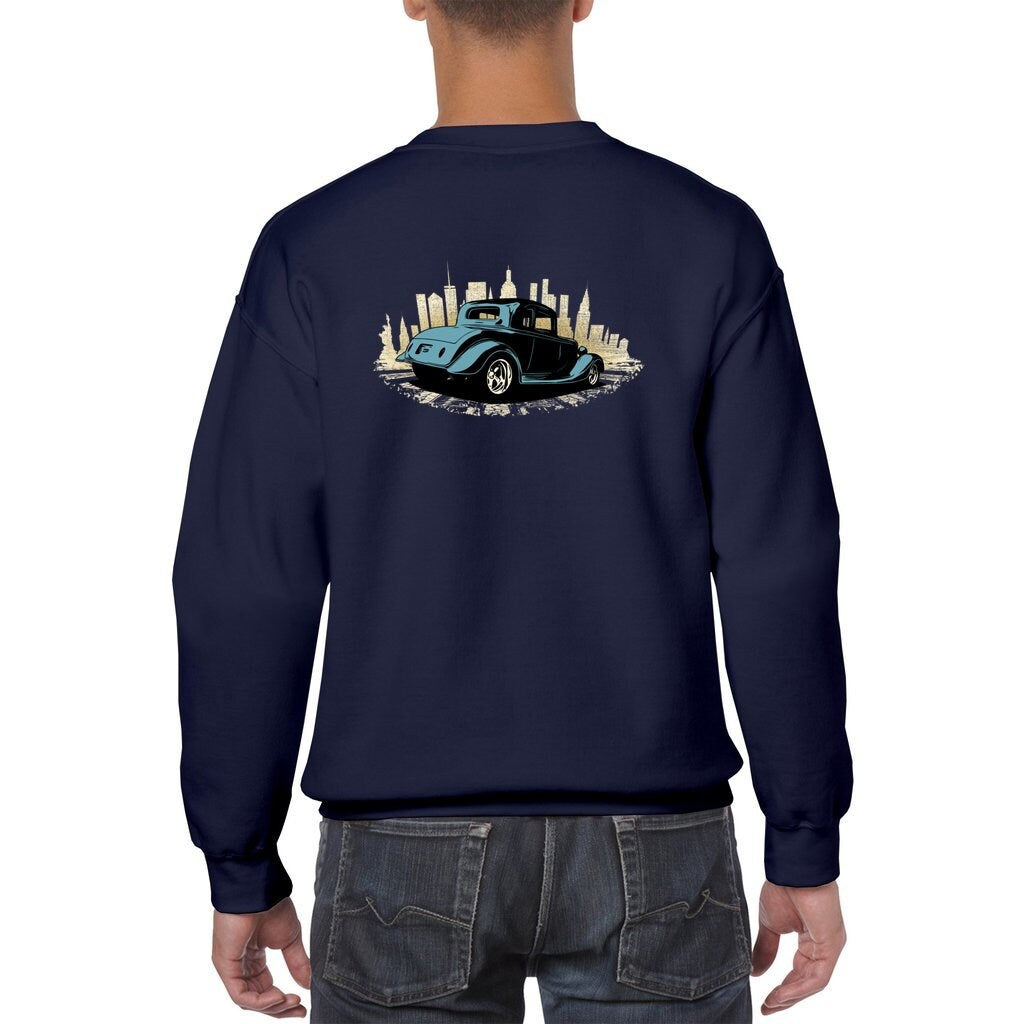 30's Hot Rod with City Backdrop Unisex Heavy Blend Crewneck Sweatshirt, design on back