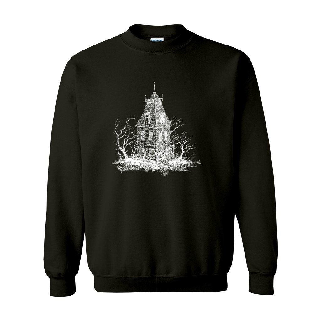 Creepy Haunted House Unisex Heavy Blend Crewneck Sweatshirt, dark sweatshirt version, Scary Halloween themed sweatshirt