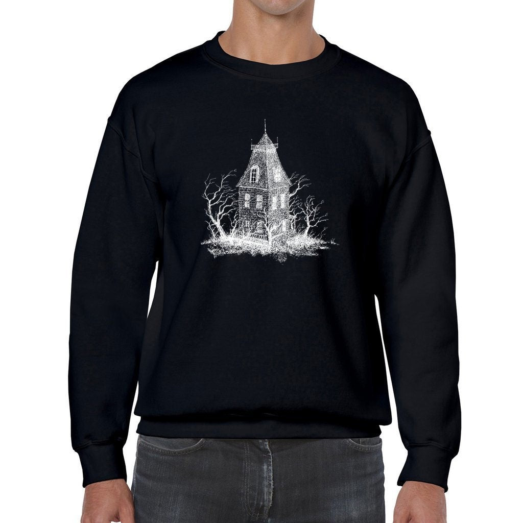 Creepy Haunted House Unisex Heavy Blend Crewneck Sweatshirt, dark sweatshirt version, Scary Halloween themed sweatshirt