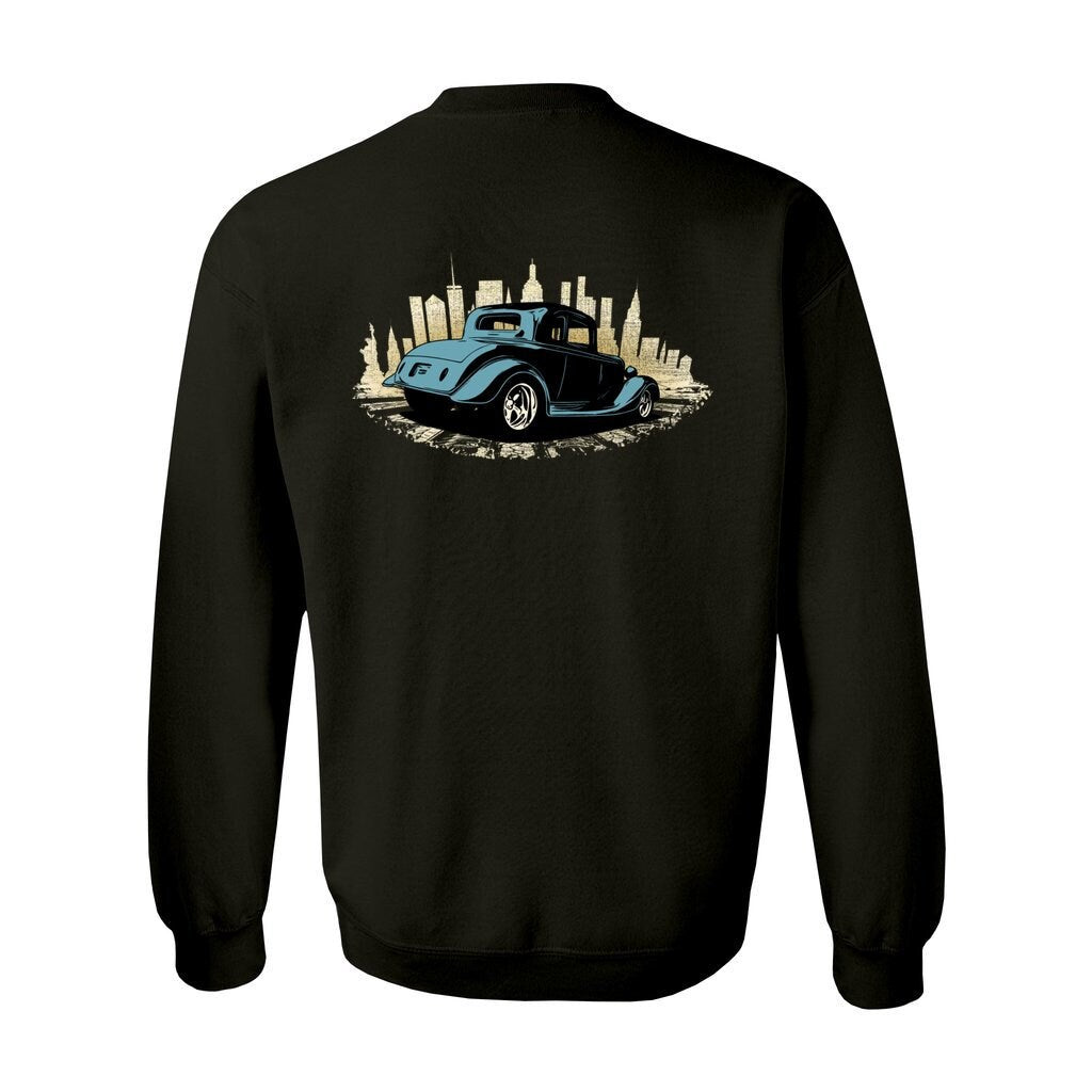 30's Hot Rod with City Backdrop Unisex Heavy Blend Crewneck Sweatshirt, design on back