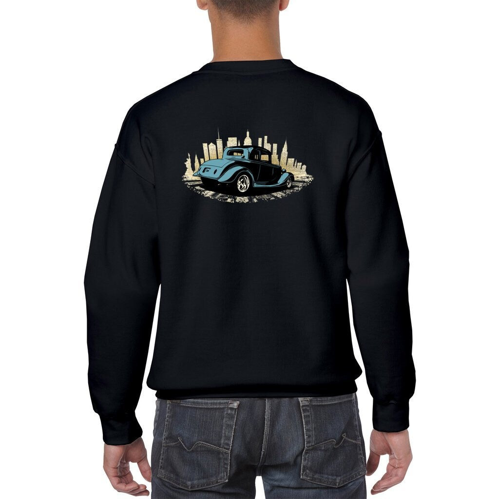 30's Hot Rod with City Backdrop Unisex Heavy Blend Crewneck Sweatshirt, design on back