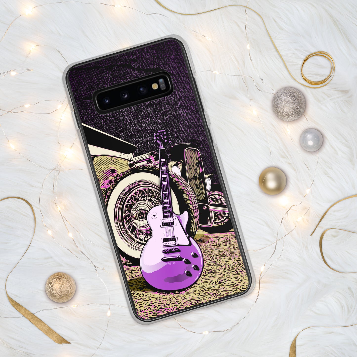 Rock n Roll Hot Rod Samsung Case for S10 models, featuring Guitar with Classic hot rod, original design.