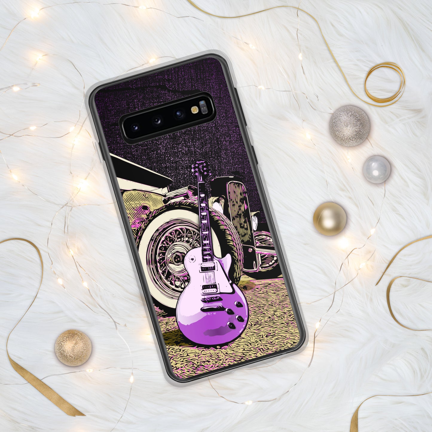 Rock n Roll Hot Rod Samsung Case for S10 models, featuring Guitar with Classic hot rod, original design.