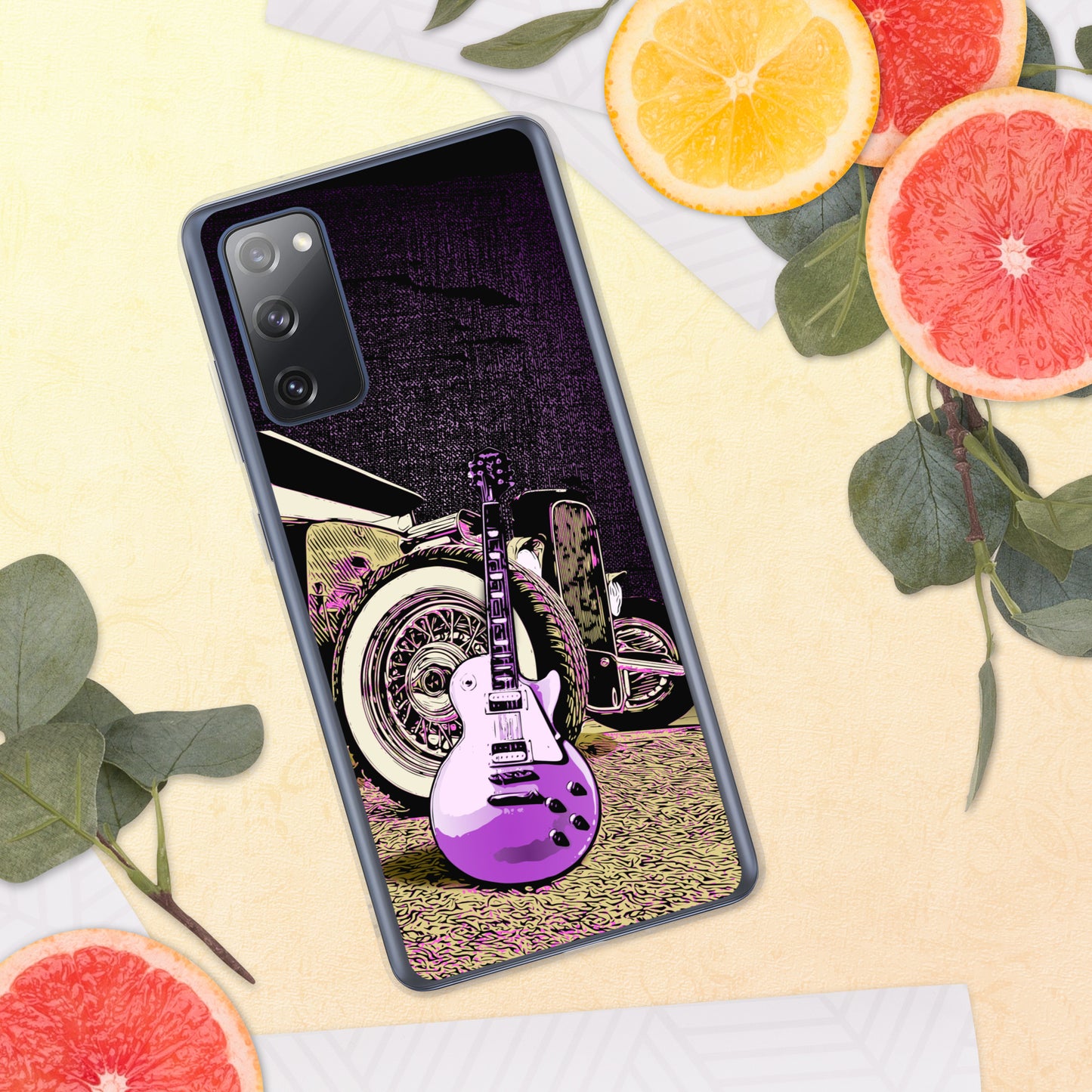 Rock n Roll Hot Rod Samsung Case for S20, S21, S22 models, featuring Guitar with Classic hot rod, original design.