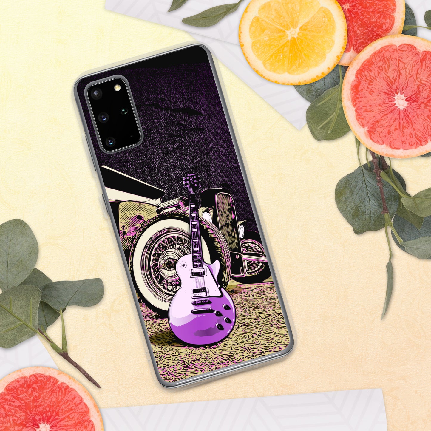 Rock n Roll Hot Rod Samsung Case for S20, S21, S22 models, featuring Guitar with Classic hot rod, original design.