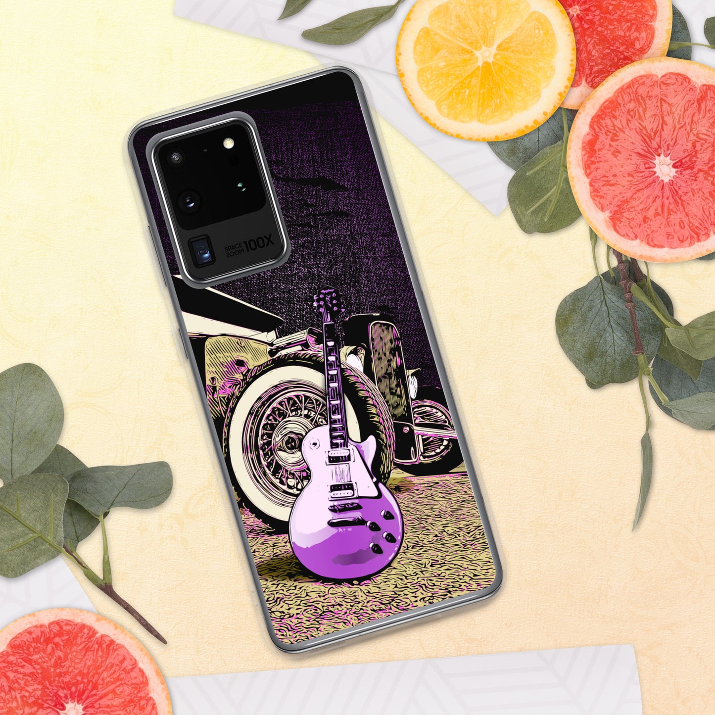 Rock n Roll Hot Rod Samsung Case for S20, S21, S22 models, featuring Guitar with Classic hot rod, original design.