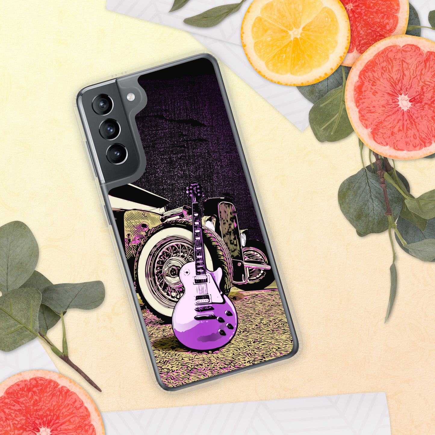 Rock n Roll Hot Rod Samsung Case for S20, S21, S22 models, featuring Guitar with Classic hot rod, original design.