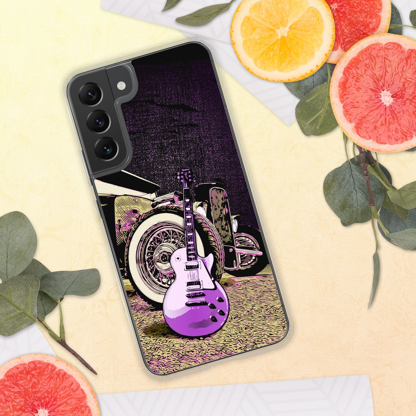 Rock n Roll Hot Rod Samsung Case for S20, S21, S22 models, featuring Guitar with Classic hot rod, original design.