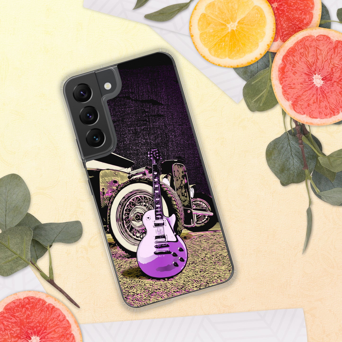 Rock n Roll Hot Rod Samsung Case for S20, S21, S22 models, featuring Guitar with Classic hot rod, original design.