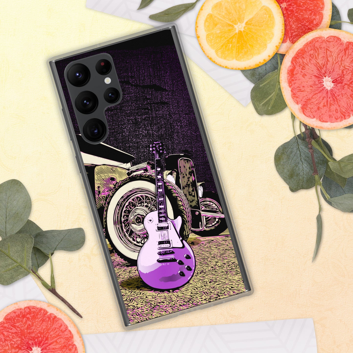 Rock n Roll Hot Rod Samsung Case for S20, S21, S22 models, featuring Guitar with Classic hot rod, original design.