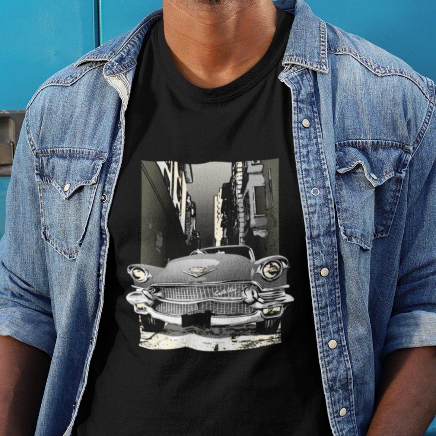 56 Cadillac Unisex Jersey Tee, 1956 Caddy on city street