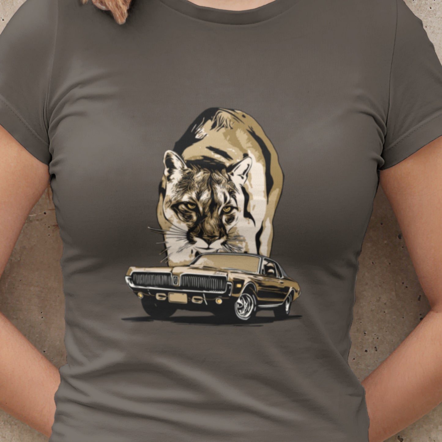 68 Cougar Unisex Jersey Tee, featuring 1968 Mercury Cougar with cougar cat backdrop, gold theme.