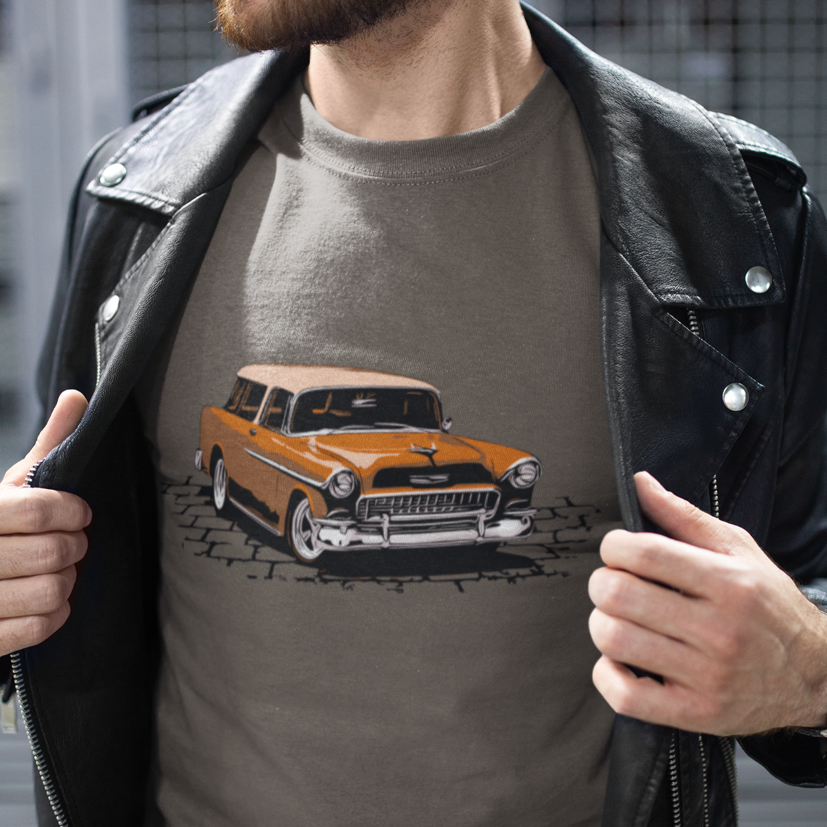 55 Chevy Nomad Unisex Jersey Tee, 1955 Chevrolet Bel Air Nomad hot rod bronze version zoeysgarage.net